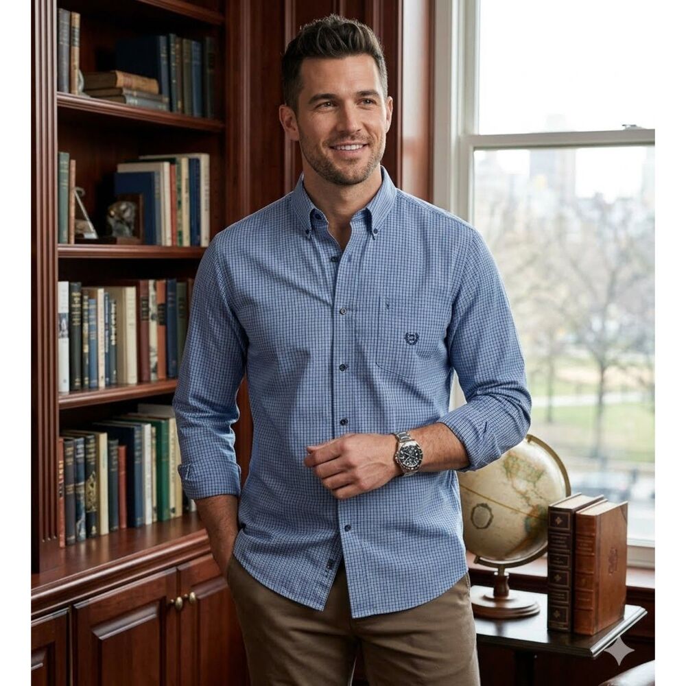 Chaps Easy Care Mens M Blue Black Plaid Button Down Shirt Long Sleeve Cotton